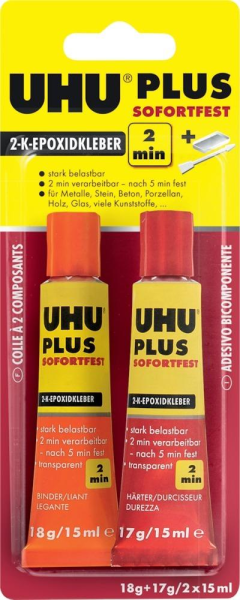 2-KomponentenepoxidkleberPLUS SOFORTFEST SB-Karte mit Tuben Binder18g Härter 17g UHU Produktbild img1 L