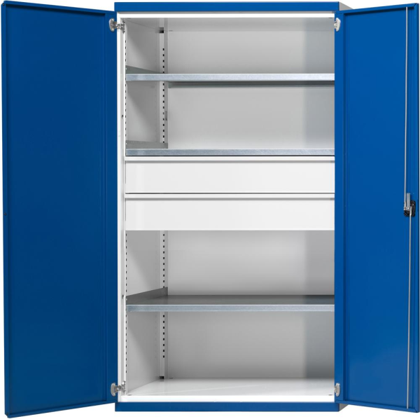 Schwerlastschrank B1085xT630xH1950mm RAL7035/5010 o.Mittelwand3Böden,2Schubladen 100kg Produktbild img1 L