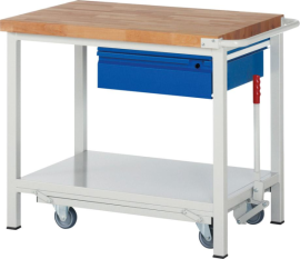 Werkbank fahrbar B1000xT700xH880mm RAL 7035/5010 BMP: 40mm 1 Schublade, absenkbar Produktbild