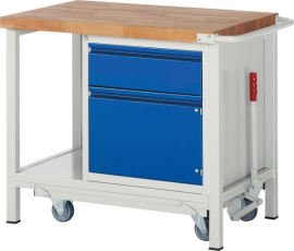 Werkbank fahrbar B1000xT700xH880mm RAL 7035/5010 BMP: 40mm 1 Schublade,1 Tür, absenk Produktbild