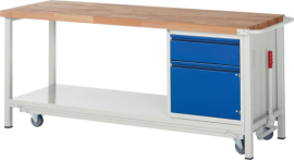 Werkbank fahrbar B2000xT700xH880mm RAL 7035/5010 BMP: 40mm 1 Schublade,1 Tür, absenk Produktbild