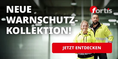 Personen in gelber Warnschutzkleidung präsentieren die neue FORTIS Warnschutzkollektion mit UV-Schutz-Shirts und wetterfesten Jacken.