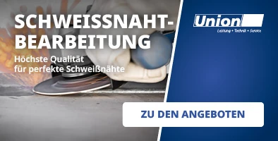 Nahaufnahme eines Werkzeugs zur Schweißnahtbearbeitung auf Metalloberflächen. Werbebanner für hochwertige Lösungen zur professionellen Schweißnahtbearbeitung von Union.