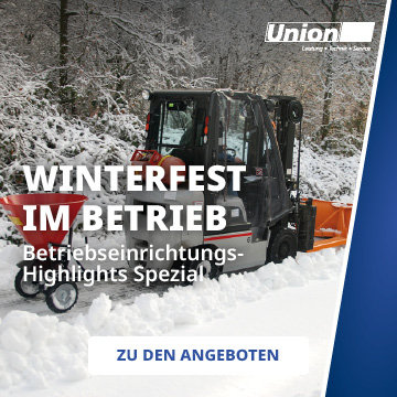 Im Hintergrund ein Räumfahrzeug. Im Vordergrund der Slogan "Winterfest im Betrieb Betriebseinrichtungs-Highlights Spezial" und ein Button "zu den Angeboten" unten mittig