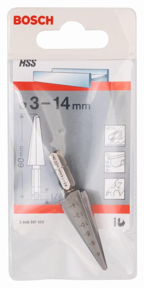 Bosch PRO Blechschälbohrer HSS, Sechskantschaft, 3 - 14 mm, 60 mm, 1/4-Zoll Produktbild img2 L