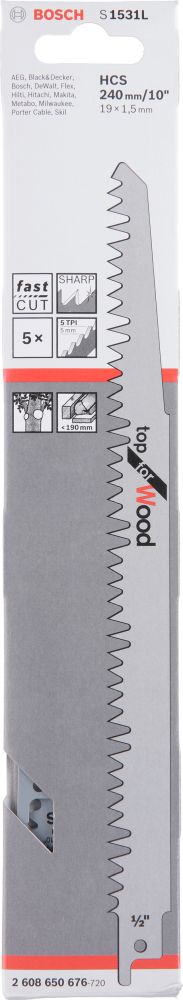 Bosch PRO Säbelsägeblatt S 1531 L, Top for Wood, 5er-Pack Produktbild img2 L