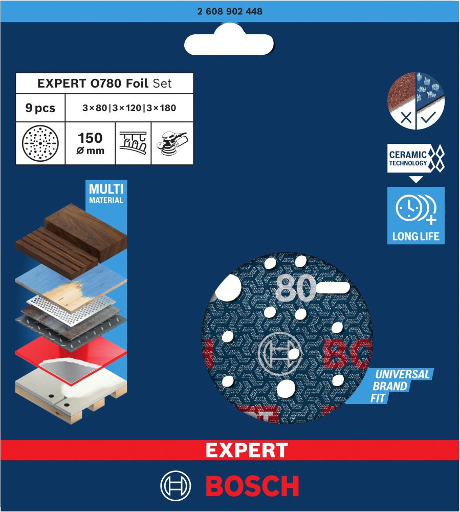 Bosch EXPERT O780 Foil Schleiffolien-Set, 150 mm, K80/120/180, 9-tlg. Produktbild img2 L