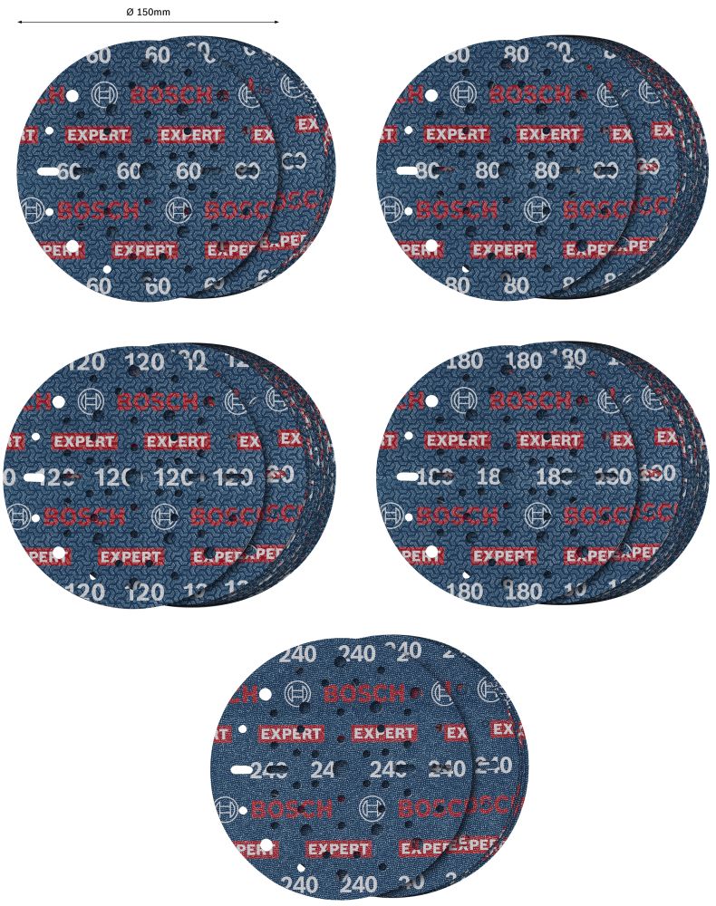Bosch EXPERT O780 Foil Schleiffolien-Set, 150 mm, K60/K80/K120/K180/K240, 55-tlg. Produktbild img2 L
