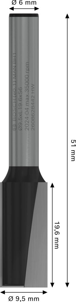Bosch PRO Nutfräser, zweischneidig, D 9,5 mm, L 19,6 mm, S 6 mm Produktbild img5 L