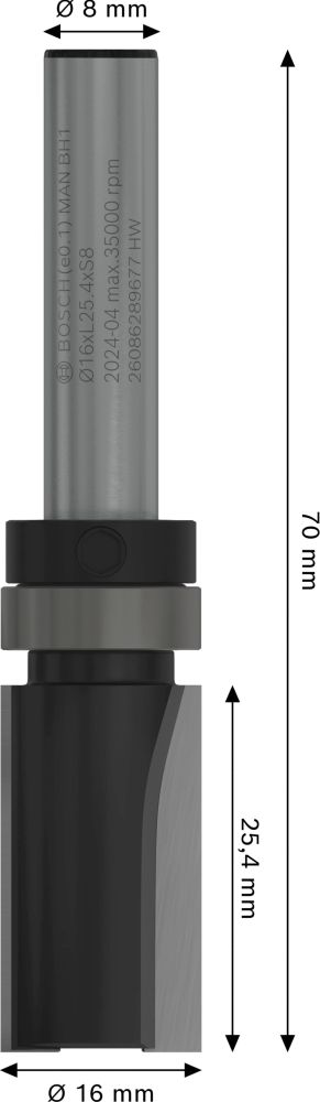 Bosch PRO Bündigfräser mit oberen Kugellager, D 16 mm, L 25,4 mm, S 8 mm Produktbild img2 L