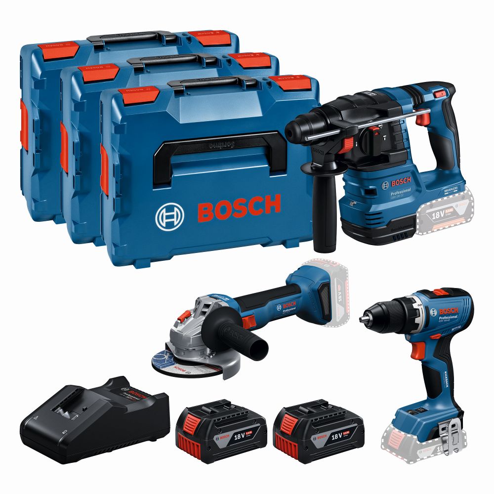 Bosch PRO Combo Kit 18V-Set mit 3 Werkzeugen: GSR + GBH + GWS + 2x GBA 5.0 Ah + GAL 18V-40 Produktbild img1 L