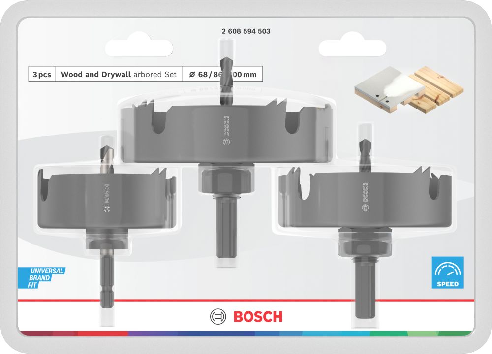Bosch Wood and Drywall Lochsägen-Set mit Aufsteckhalter+Zentrierbohrer, 68/86/100x27mm Produktbild img1 L
