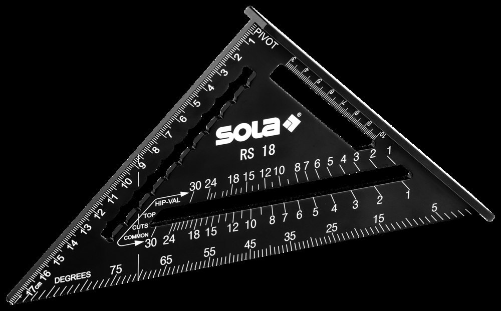 SOLA Sparrenwinkel RS aus Aluminium-Legierung. Der Sparrenwinkel hat eine schwarz beschichtete Oberfläche und eine Anreißhilfe mit 0.5 cm Teilung. Produktbild img1 L