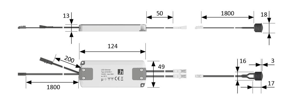 HALEMEIER Schaltsystem-Drucktaster,Ø 18mm, Leitung 1.800mm, ER-Optik Produktbild img6 L