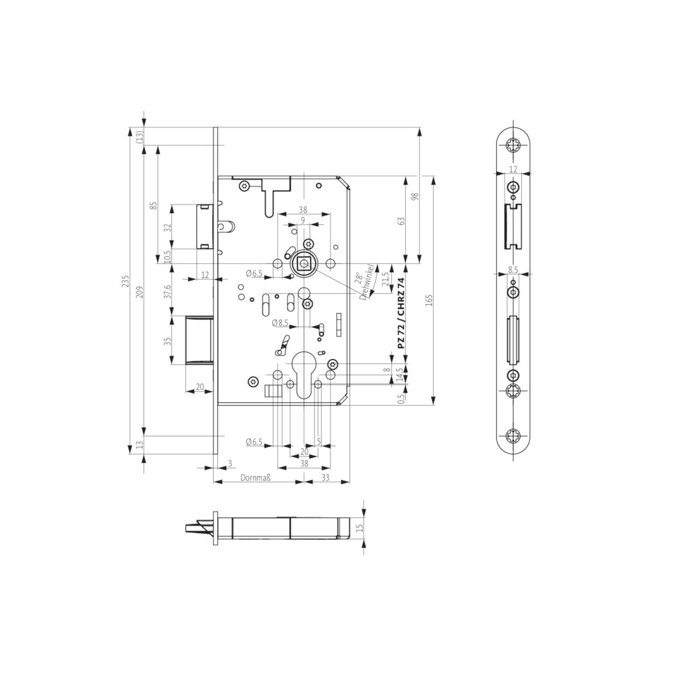 BKS PA-Einsteckschloss B-23200,PZ72/9,D100,F24x235rd,ER,PAF-B Produktbild img2 L