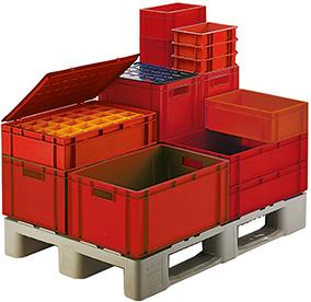 Transport-Stapelkasten, Wände und Boden geschlossen, mit und ohne Grifflochung, rot Produktbild img1 L